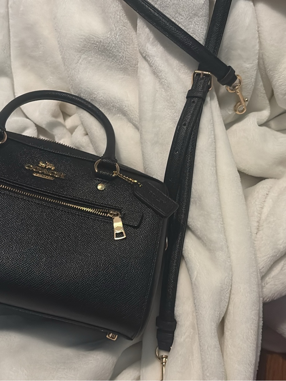 Coach Black Pebbled Leather Satchel with Gold Hardware and Removable Strap